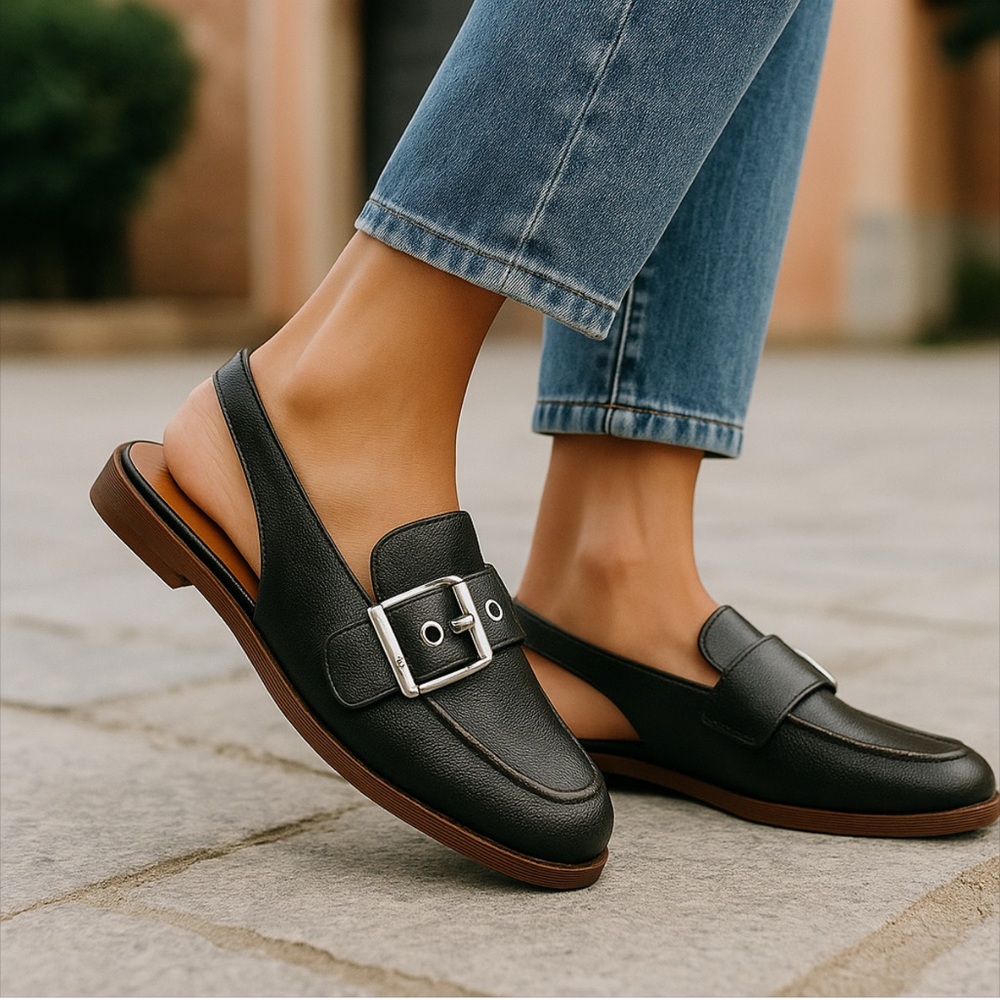 Women’s Black Slingback Loafers with Buckle